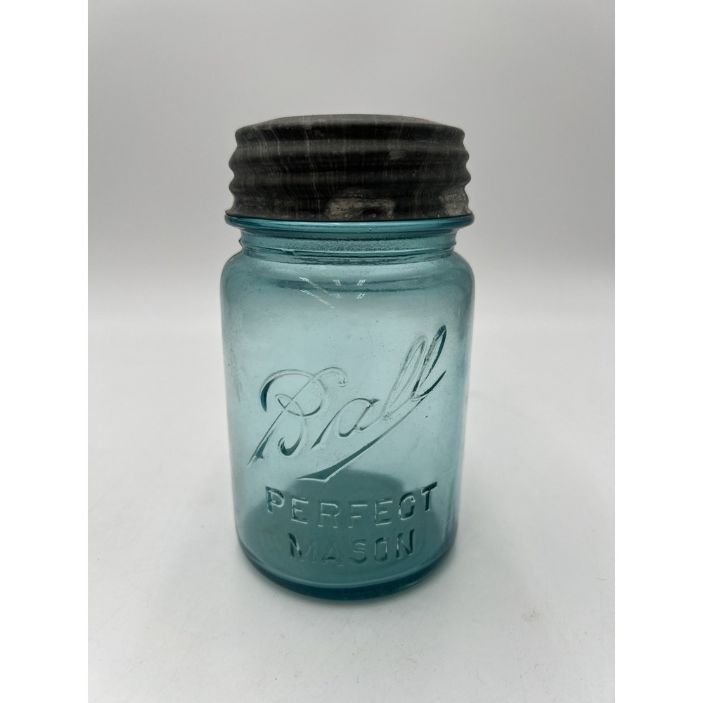 Vintage Ball Perfect Mason Aqua Blue Quart Jar Original Zinc Lid Glass Liner